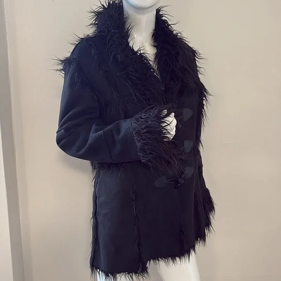 Dolls Kill Current Mood Black Vegan Suede Faux Fur Trim Penny Lane Toggle Coat - Picture 7 of 7